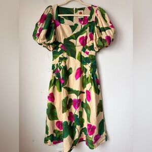 FARM RIO ANTHRURIUM LEAVES LINEN MIDI DRESS